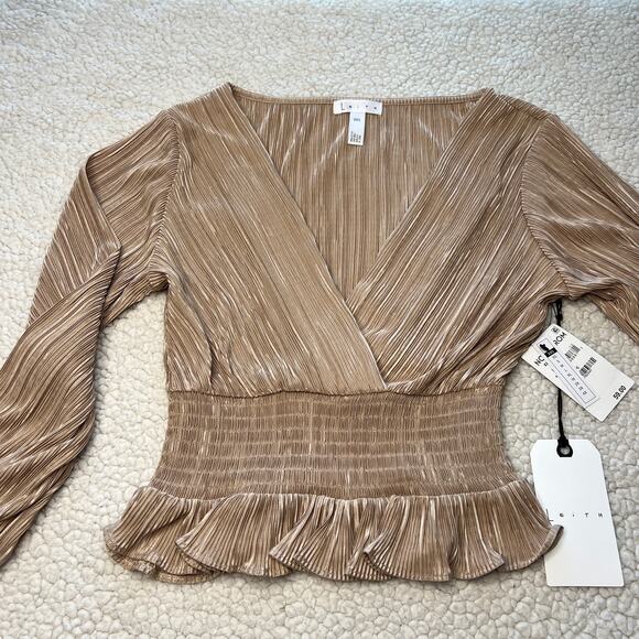 Leith Women's V-neck, Ls Pleated Cropped Elastic Waist Top, Gold XXS - Picture 3 of 11